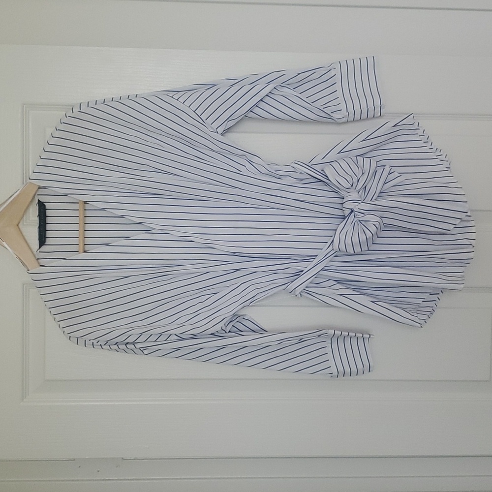 Zara White Blue Striped Long Sleeve Blouse Shirt with Belt Size S